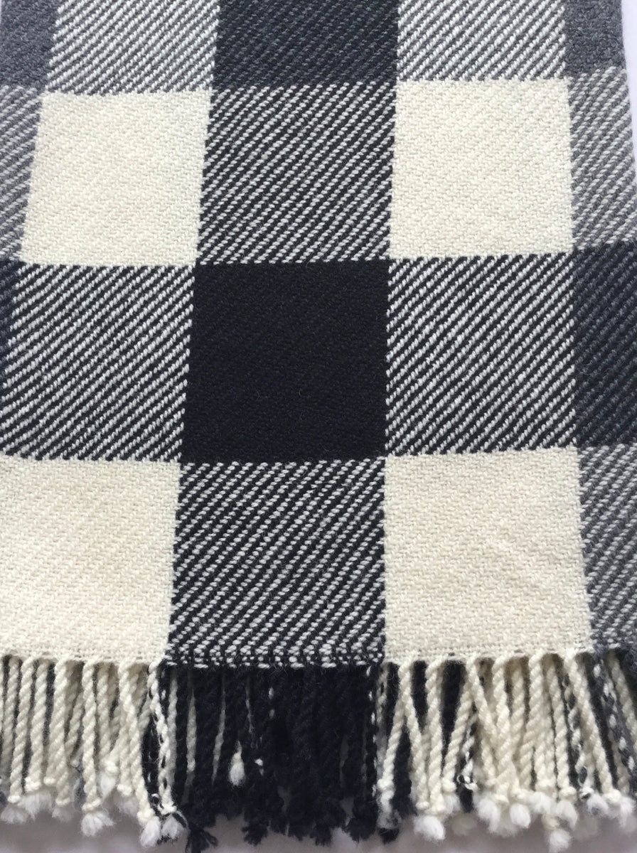 Handwoven Blanket made of Canadian wool White, Black and Grey Squa