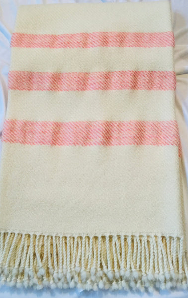 Handwoven Blanket made of Canadian wool - White with Pink stripes