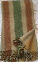 Handwoven Blanket made of Canadian wool - Mustard, Green, Rust over Beige - linear stripes