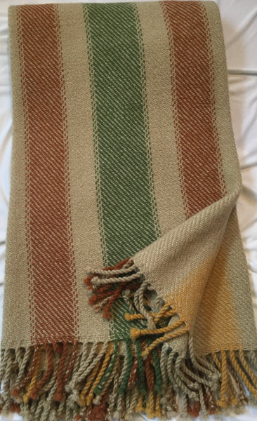 Handwoven Blanket made of Canadian wool - Mustard, Green, Rust over Beige - linear stripes