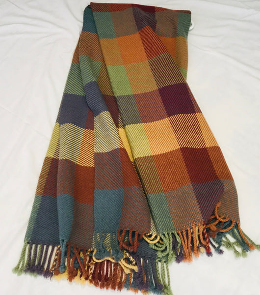 Handwoven Blanket made of Canadian wool - Blue, Rust, Green, Gold - Squares