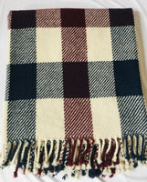 Handwoven Blanket made of Canadian wool - Burgundy, White, Navy Blue -Squares
