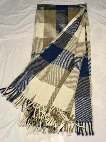 Handwoven Blanket made of Canadian wool - Blue, Beige, Taupe - Squares