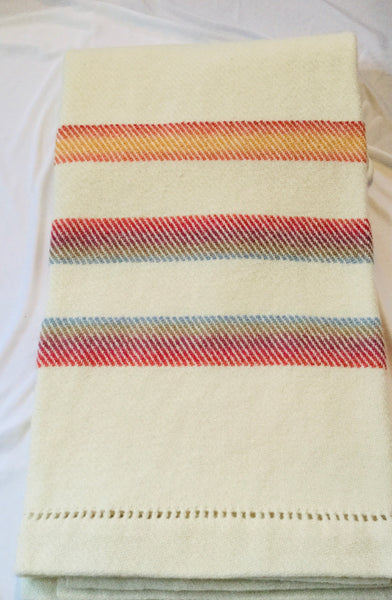 Handwoven Blanket made of Canadian wool - Solid White with Rainbow color stripes