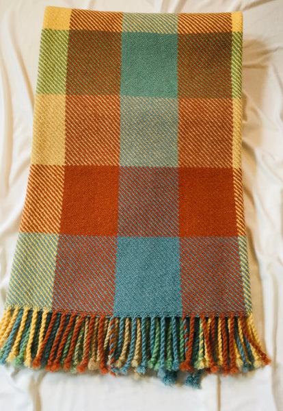 Handwoven Blanket made of Canadian wool - Orange, Green, Peacock and Beige - Squares