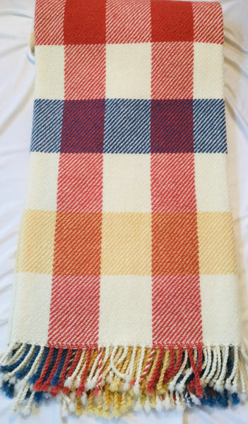 Handwoven Blanket made of Canadian wool - Gold, Rose and Blue - Squares on White Background