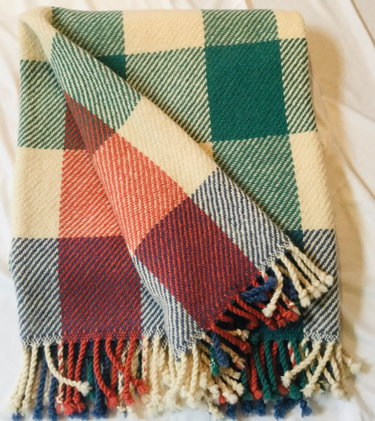 Handwoven Blanket made of Canadian wool - Jade Green, Rose, Purple -Squares on Beige Background