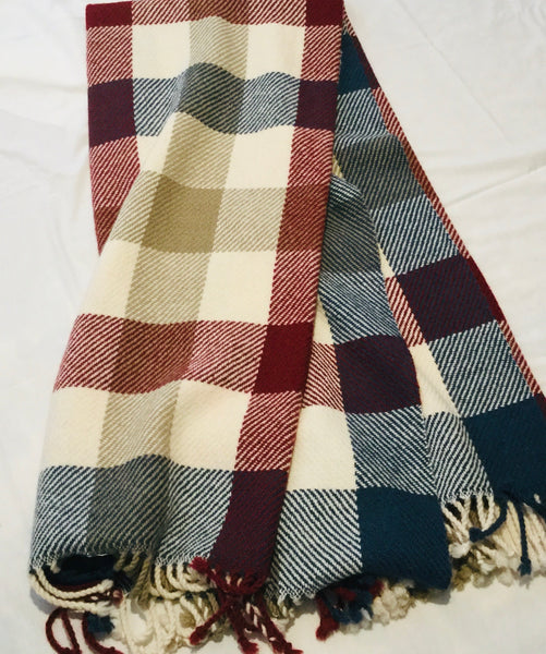 Handwoven Blanket made of Canadian wool - Red, Blue, Taupe on White background - Squares