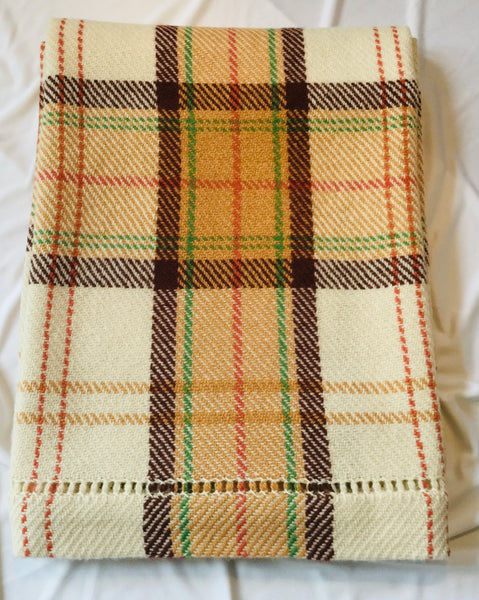 Handwoven Blanket made of Canadian wool - Brown, Orange, Sand - Plaid on Cream Background