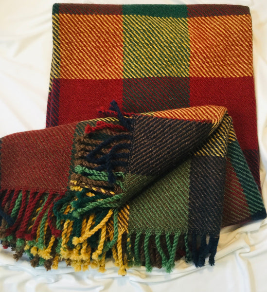 Handwoven Blanket made of Canadian wool - Rustic Colors - Burnt Orange, Green, Brown - Squares