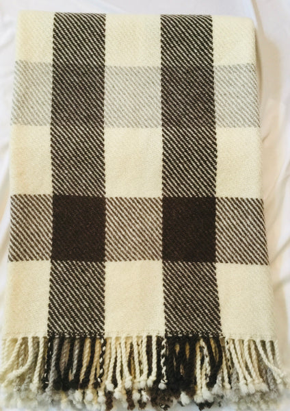 Handwoven Blanket made of Canadian wool - Brown and Grey - Squares on Beige Background