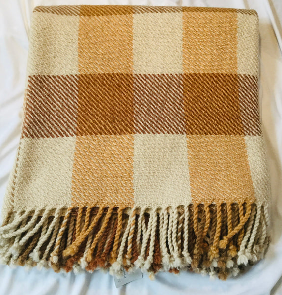 Handwoven Blanket made of Canadian wool - 3 Colors of Beige - Squares on Cream background